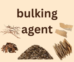 "Graphic labelled 'bulking agent' showing twigs, bark chips, cardboard, and mulch on a beige background—materials used to improve compost aeration and structure."
