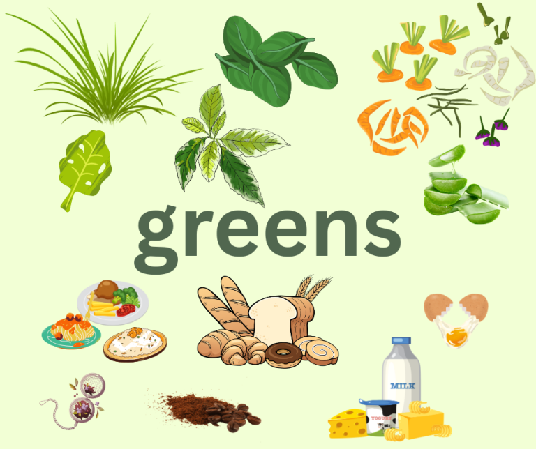 "Illustrated collage of food items and ingredients surrounding the word 'greens' on a light green background, representing compostable green materials."