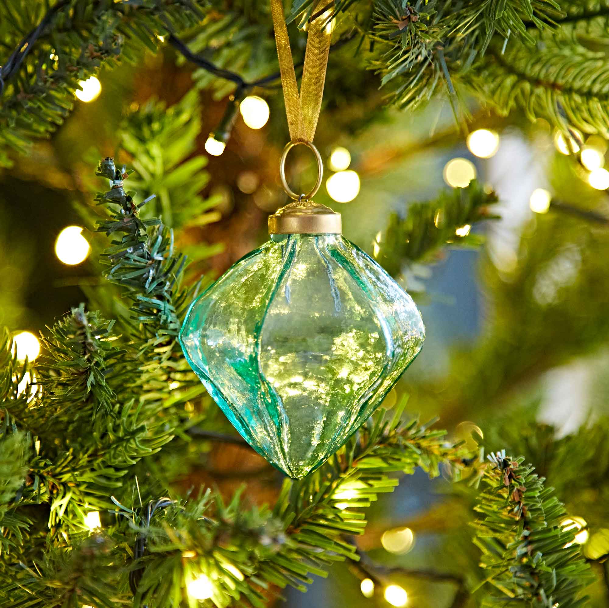 Coloured Recycled Glass Diamond Baubles - Green