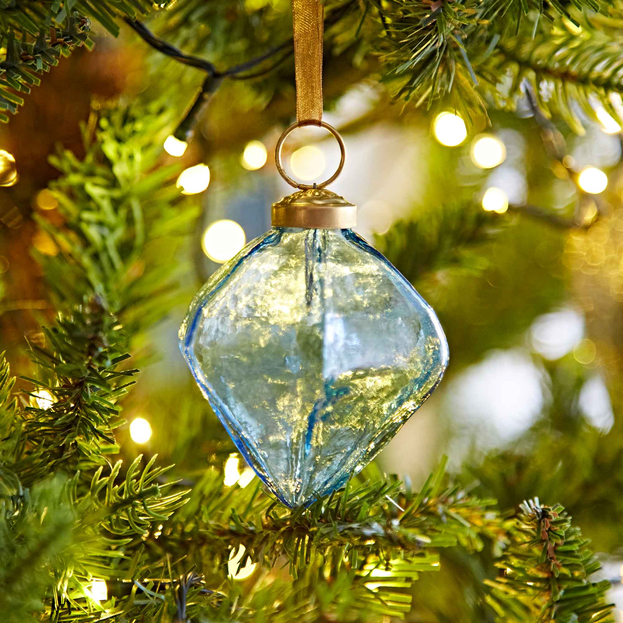 Coloured Recycled Glass Diamond Baubles - Blue