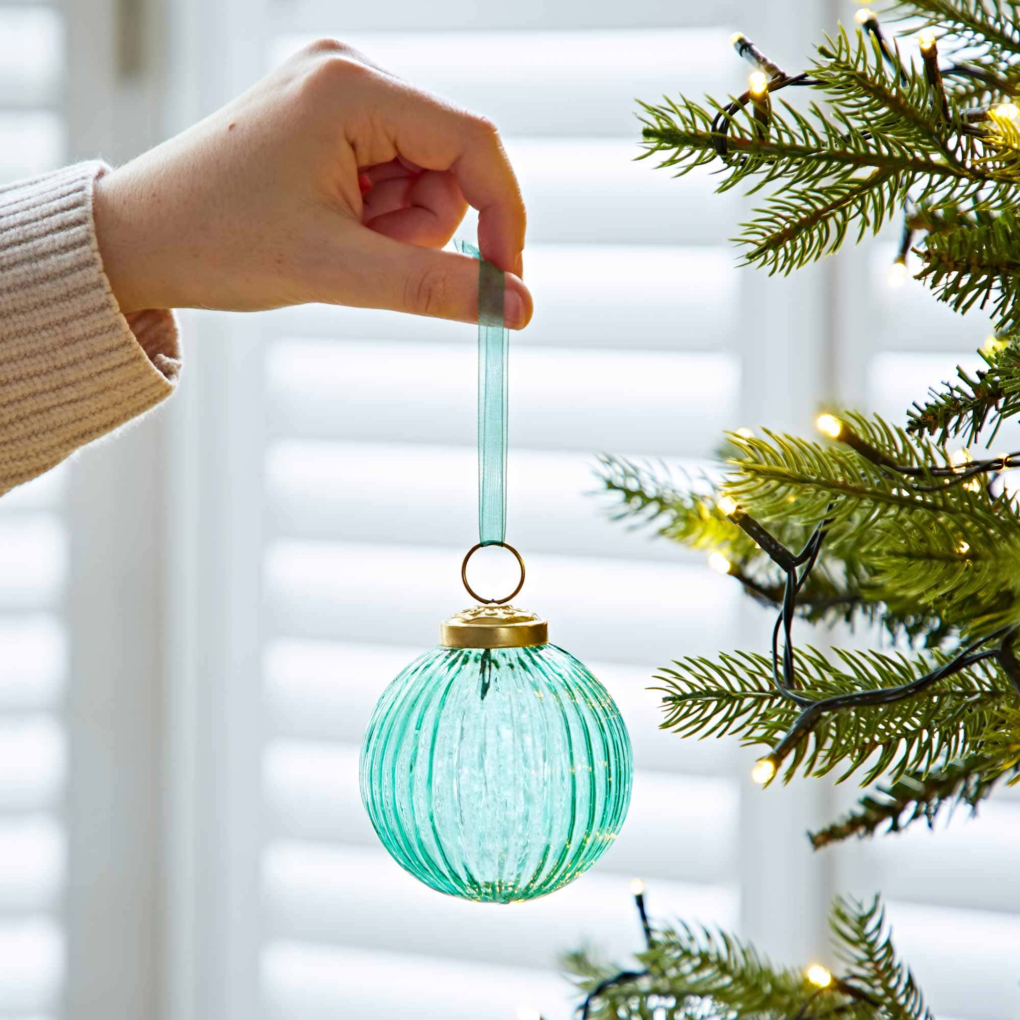 Ira Coloured Recycled Glass Ribbed Baubles - Aqua