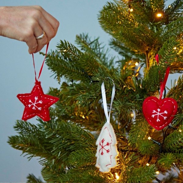 Set of 3 Red and White Felt Christmas Tree Decorations