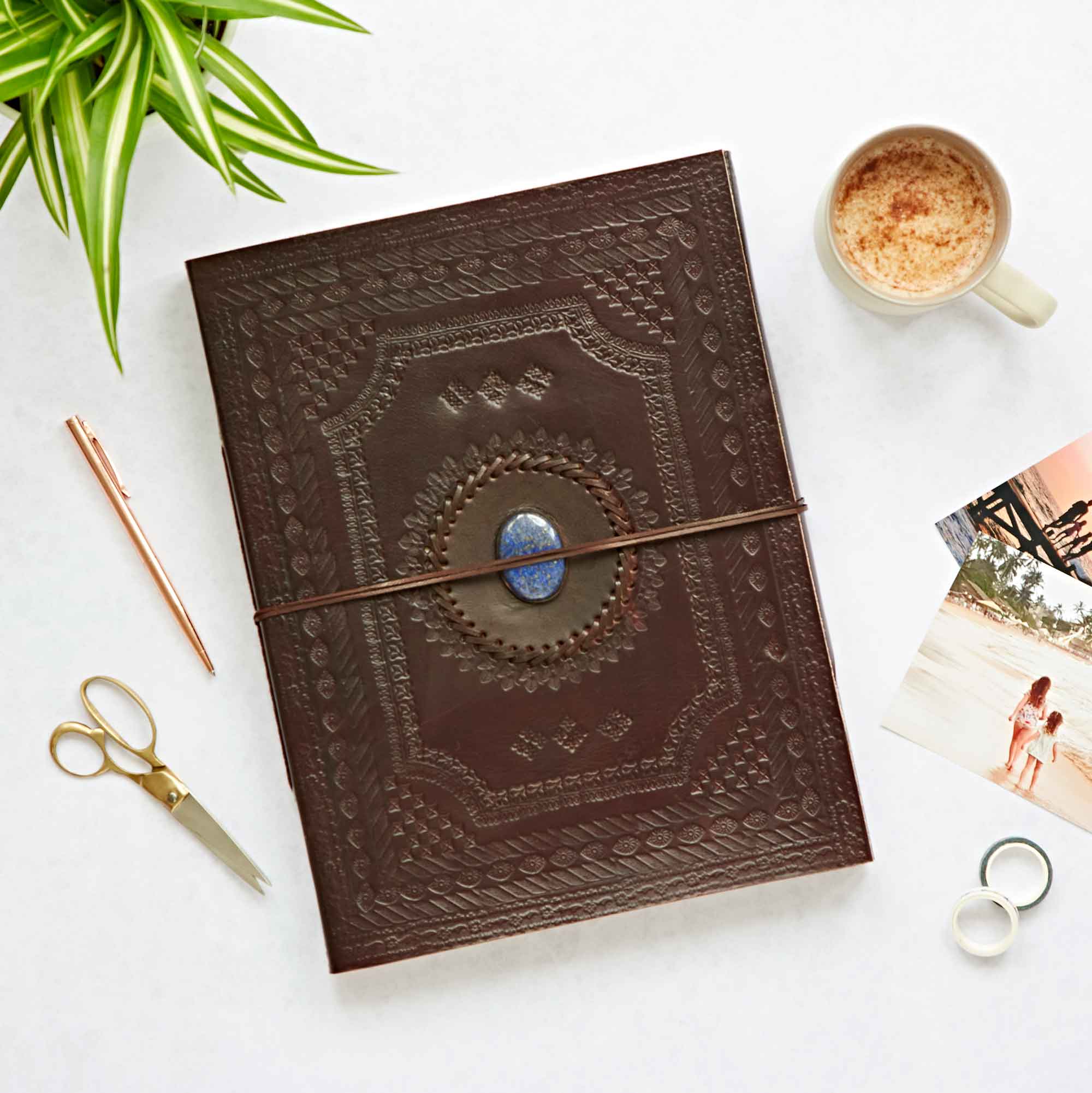 Indra Extra Large Embossed Leather Photo Album with Semi-Precious Stone - Lapis